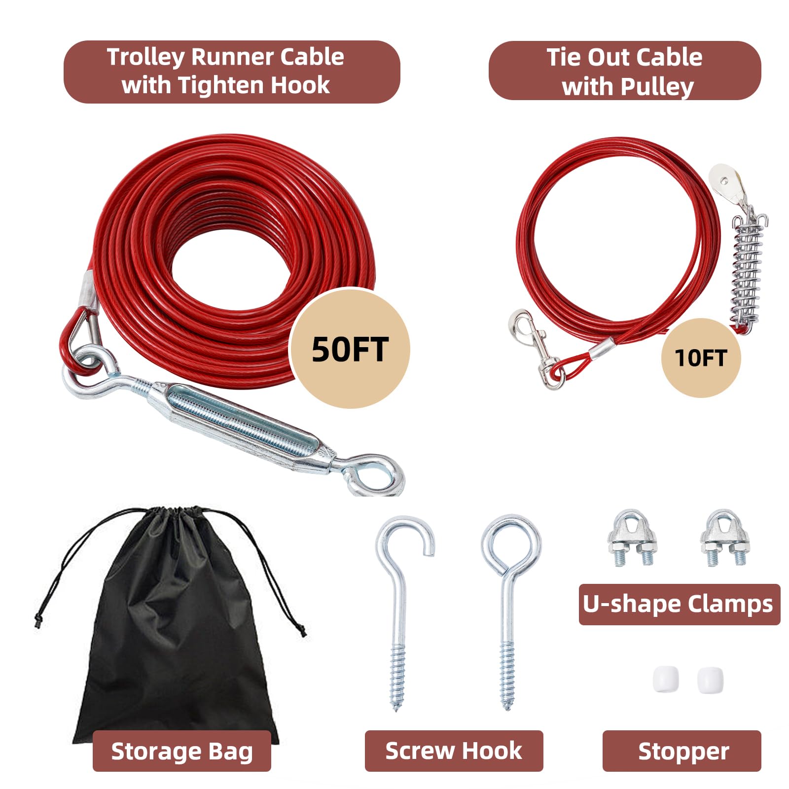 Luffwell Dog Runner - 50Ft Long Lead With 10Ft Shock Absorption For Small, Medium & Large Dogs - Trolley System For Dogs To Run